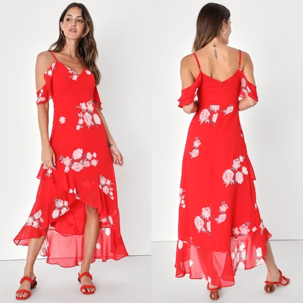 Lulus Love in Bloom Red Floral Print Off-the-Shoulder High-Low Dress S Party NWT